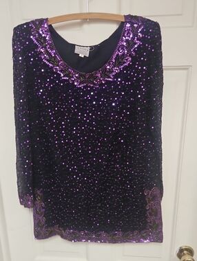 Vintage 80s  Studio 54 Silk Purple Sequin Beaded Tunic Top Dress